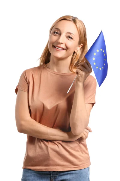 Gammal Kvinna Med Europeiska Unionens Flagga Vit Bakgrund — Stockfoto