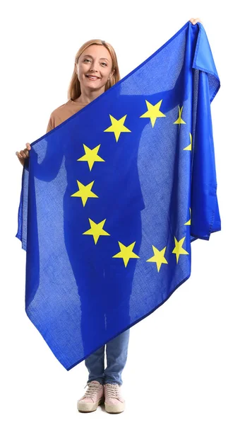 Ώριμη Γυναίκα Σημαία Ευρωπαϊκής Ένωσης Λευκό Φόντο — Φωτογραφία Αρχείου