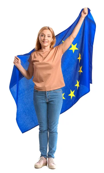 Gammal Kvinna Med Europeiska Unionens Flagga Vit Bakgrund — Stockfoto
