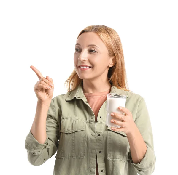 Mature Woman Glass Milk Pointing Something White Background — Stock Photo, Image