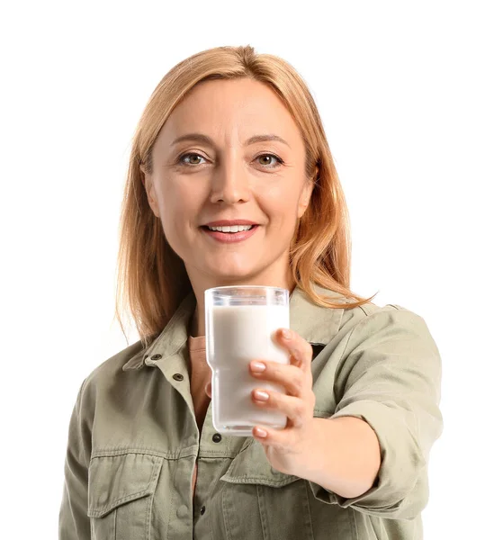 Mature Woman Glass Milk White Background — Stock Photo, Image