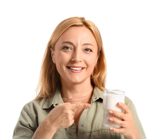 Mature Woman Glass Milk White Background — Stock Photo, Image