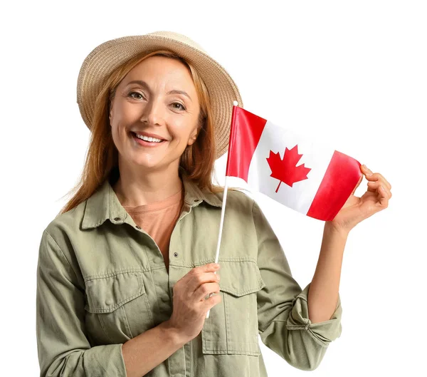Femme Mûre Avec Drapeau Canadien Sur Fond Blanc — Photo
