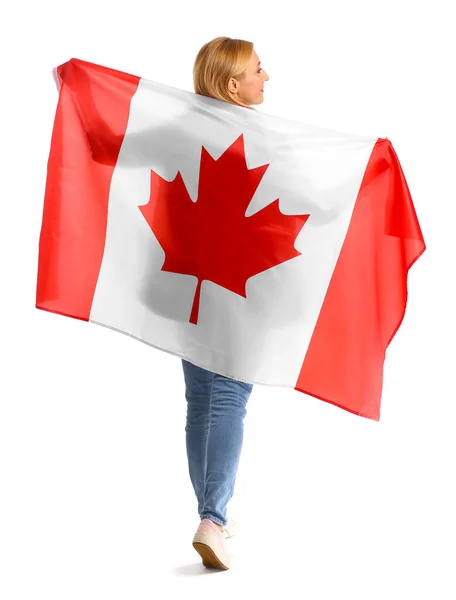 Mulher Madura Com Bandeira Canadense Fundo Branco — Fotografia de Stock