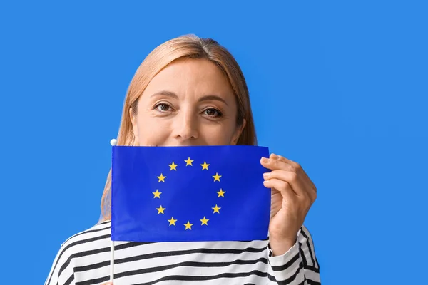 Mature Woman Flag European Union Color Background — Stock Photo, Image