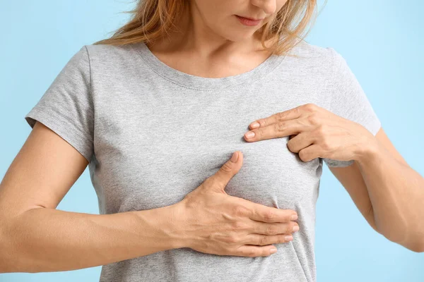 Mature Woman Feeling Discomfort Her Breast Color Background Cancer Awareness — Stock Photo, Image