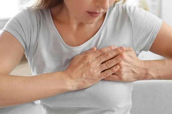 Mature Woman Feeling Discomfort Her Breast Closeup Cancer Awareness Concept — Stock Photo, Image