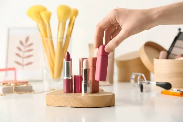 Woman Different Lipsticks Table — Stock Photo, Image
