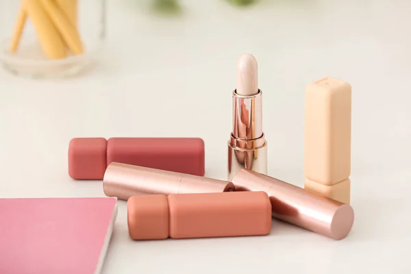 Beautiful Lipsticks Table Closeup — Stock Photo, Image