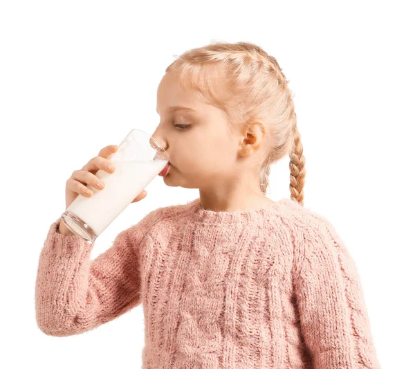 Cute Little Girl Drinking Milk White Background — Stock Photo, Image