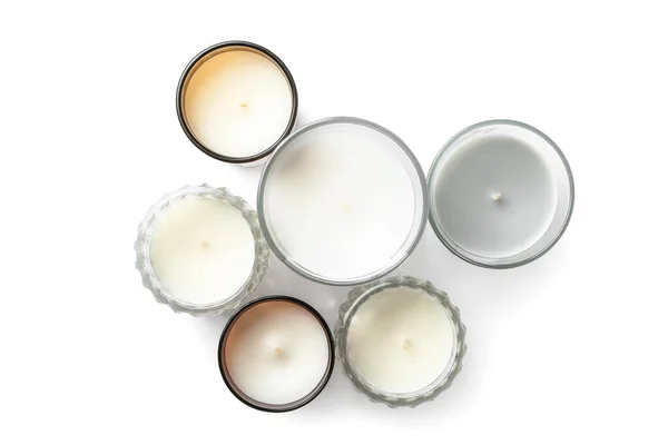 Molte Candele Cera Diverse Isolate Sfondo Bianco — Foto Stock