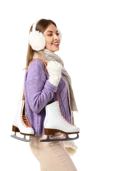 Mulher Bonita Roupas Inverno Com Patins Gelo Fundo Branco — Fotografia de Stock