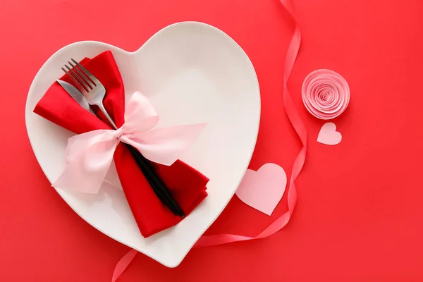 Stylish Table Setting Valentine Day Red Background — Stock Photo, Image