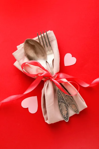 Beautiful Cutlery Hearts Red Background — Stock Photo, Image