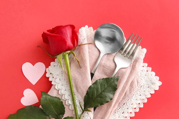 Beautiful Cutlery Rose Flower Hearts Red Background — Stock Photo, Image