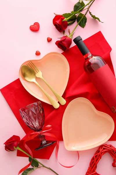 Beautiful Table Setting Valentine Day Bottle Wine Pink Background — Stock Photo, Image