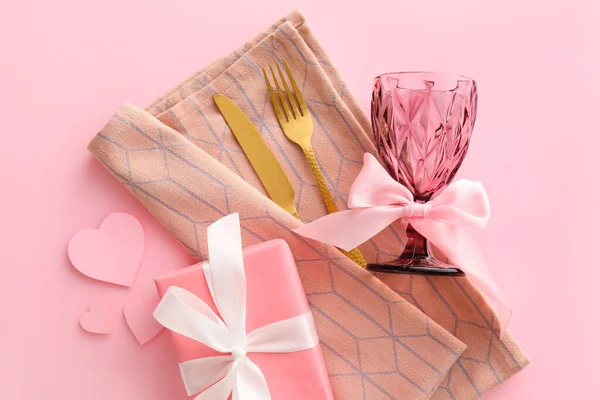 Beautiful Cutlery Gift Box Hearts Pink Background — Stock Photo, Image