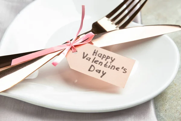 Beautiful Table Setting Tag Text Happy Valentine Day Grunge Background — Stock Photo, Image