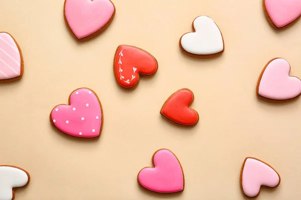 Tasty Heart Shaped Cookies Beige Background — Stock Photo, Image