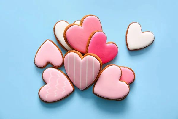 Tasty Heart Shaped Cookies Blue Background — Stock Photo, Image