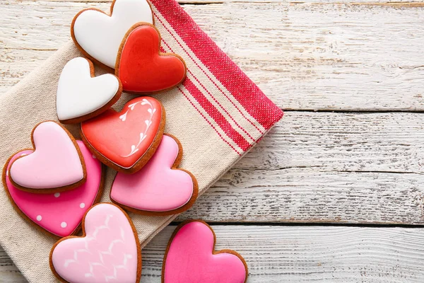 Tasty Heart Shaped Cookies White Wooden Background — Stock Photo, Image