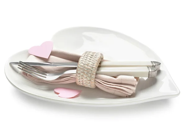 Beautiful Heart Shaped Plate Cutlery White Background — Stock Photo, Image