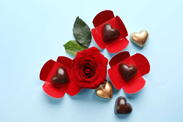 Tasty Heart Shaped Candies Rose Blue Background — Stock Photo, Image