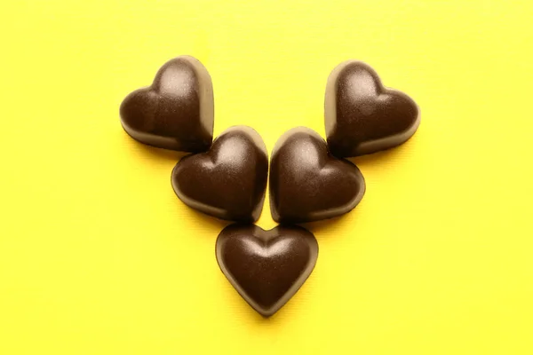 Tasty Heart Shaped Candies Yellow Background — Stock Photo, Image