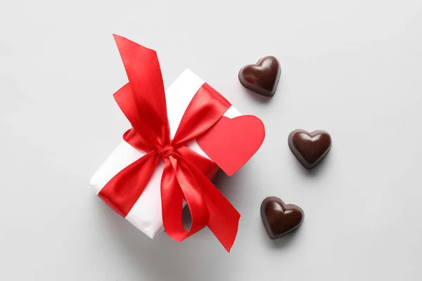Tasty Heart Shaped Candies Gift Box Light Background — Stock Photo, Image