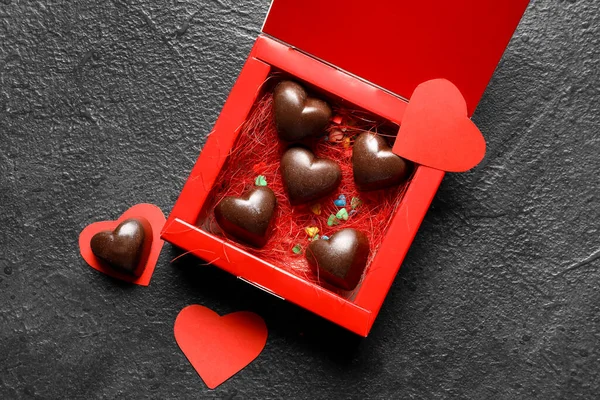 Box Tasty Heart Shaped Candies Dark Background — Stock Photo, Image