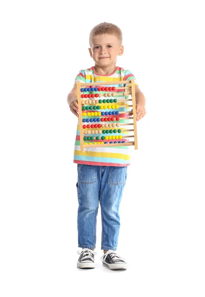 Adorable Little Boy Abacus White Background — Stock Photo, Image