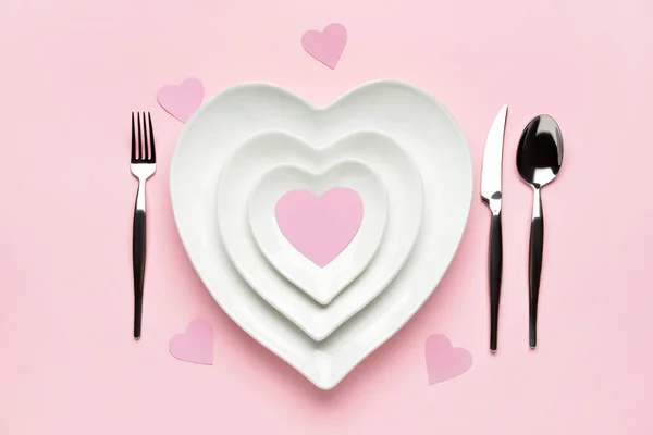 Beautiful Heart Shaped Plates Cutlery Pink Background Royalty Free Stock Images