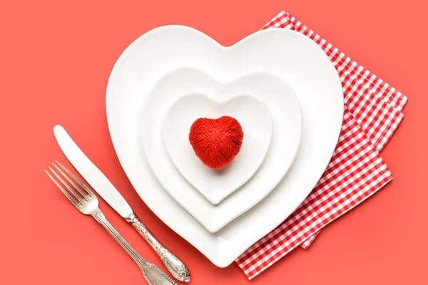 Beautiful Heart Shaped Plates Cutlery Red Background Royalty Free Stock Images