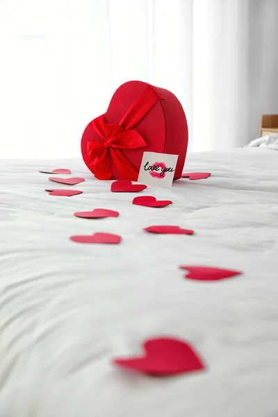 Gift Valentine Day Red Paper Hearts Bed — Stock Photo, Image