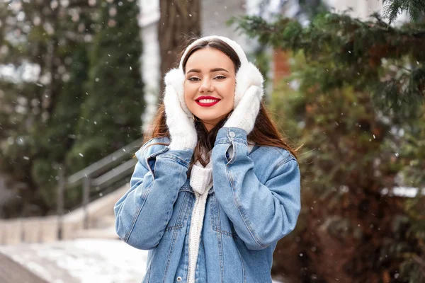 Beautiful Woman Wearing Mittens Earmuffs Snowy Day — Stock Photo, Image