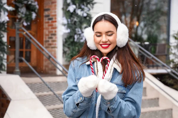 Young Smiling Woman Holding Candy Canes Winter Day — Stock Photo, Image