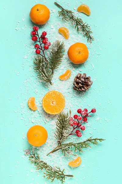 Composition Tangerines Fir Branches Snow Color Background — Stock Photo, Image