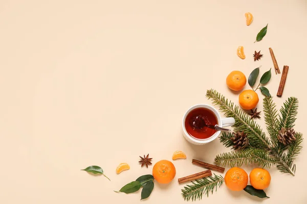 Composition Cup Tea Tangerines Spices Fir Branch Color Background — Stock Photo, Image