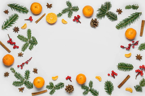 Frame Made Tangerines Fir Branches Spices White Background — Stock Photo, Image