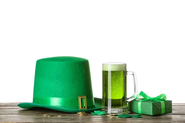 Leprechaun Hat Gift Box Glass Beer Table White Background Patrick — Stock Photo, Image