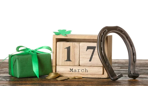 Calendario Herradura Caja Regalo Sobre Mesa Sobre Fondo Blanco Celebración — Foto de Stock