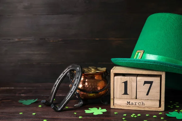 Leprechaun Hat Calendar Pot Coins Horseshoe Black Wooden Background Patrick — Stock Photo, Image