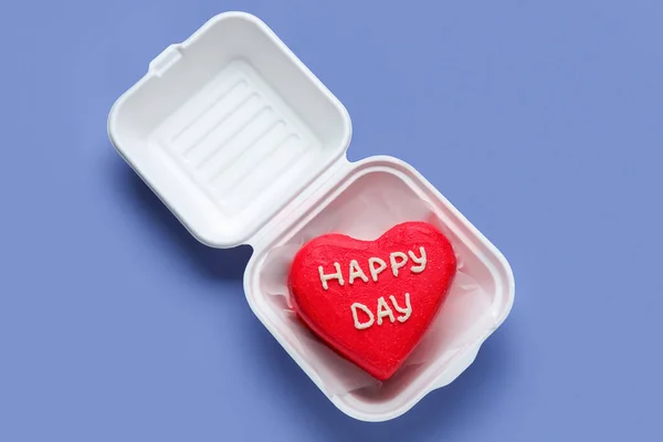 Plastic Lunch Box Tasty Bento Cake Valentine Day Purple Background — Stock Photo, Image