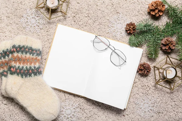 Opened Book Blank Pages Eyeglasses Knitted Socks Winter Decor Fluffy — Stock Photo, Image