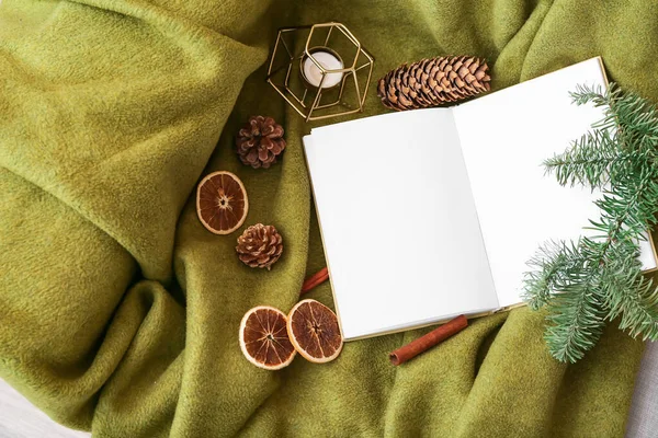 Opened Book Blank Pages Dried Orange Fir Tree Branch Plaid — Stock Photo, Image