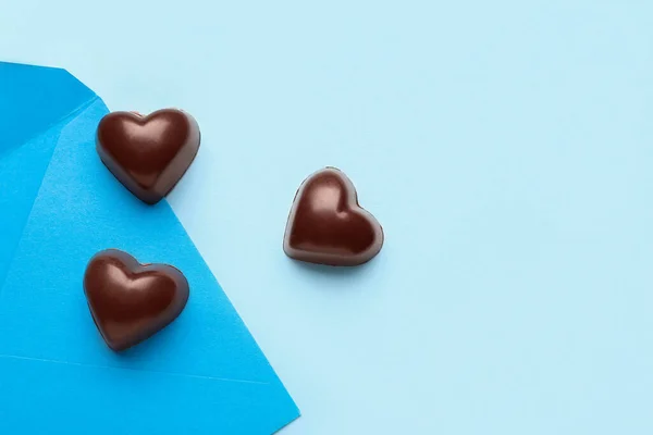 Tasty Heart Shaped Candies Blue Background — Stock Photo, Image
