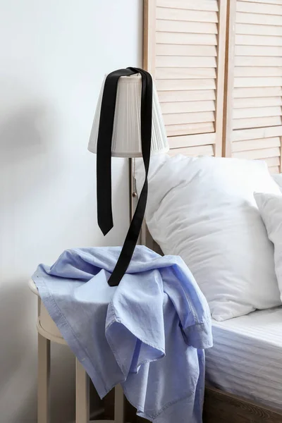 Male Shirt Necktie Lamp Table Bedroom Romantic Date — Stock Photo, Image