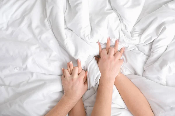 Hands Couple Having Sex Bed Top View — Stock Photo, Image