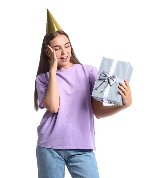 Surprise Jeune Femme Chapeau Fête Avec Boîte Cadeau Sur Fond — Photo