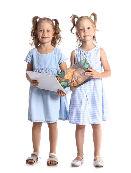 Adorable Little Sisters Book White Background — Stock Photo, Image